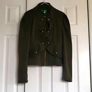 Olive green army jacket with ruffle and button detail, fits like a small